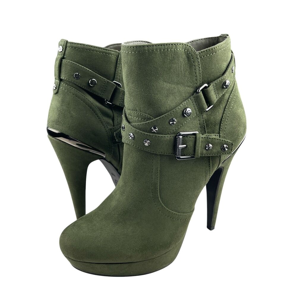 GBG Guess Women's Stiletto Platform Ankle Booties 8.5M Green Faux Suede Studded
